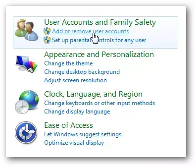 Add or Remove User Account option in control panel - Window screenshot
