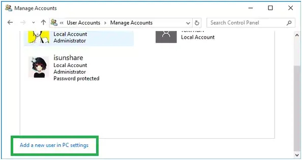 Create Admin account option in window - Screenshot