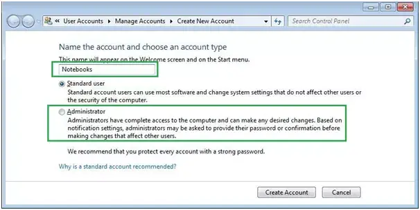 Create Admin Account window - Screenshot