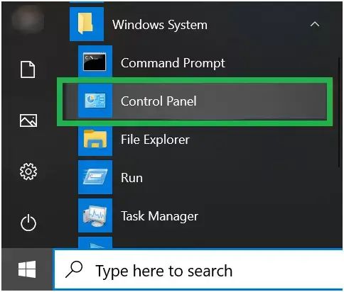 Control Panel option by pressing Start button - Screenshot