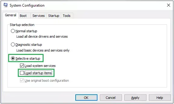Selective Startup Option in System Configuration Window - Screenshot