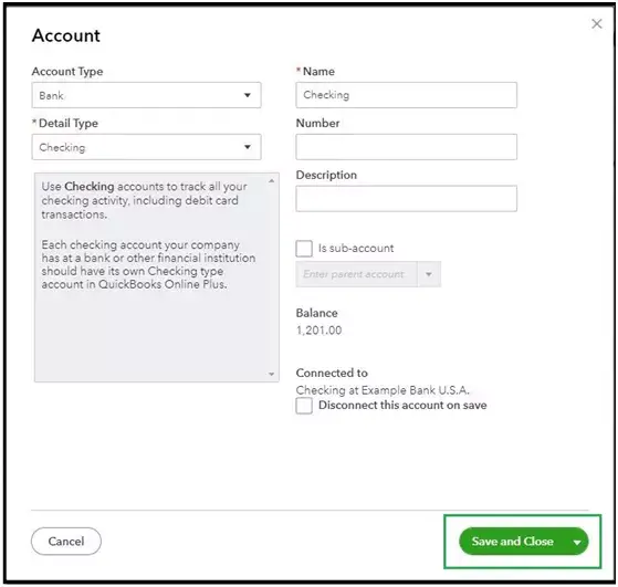 Full pop up window of "Edit Accounts" of QuickBooks Online - Screenshot