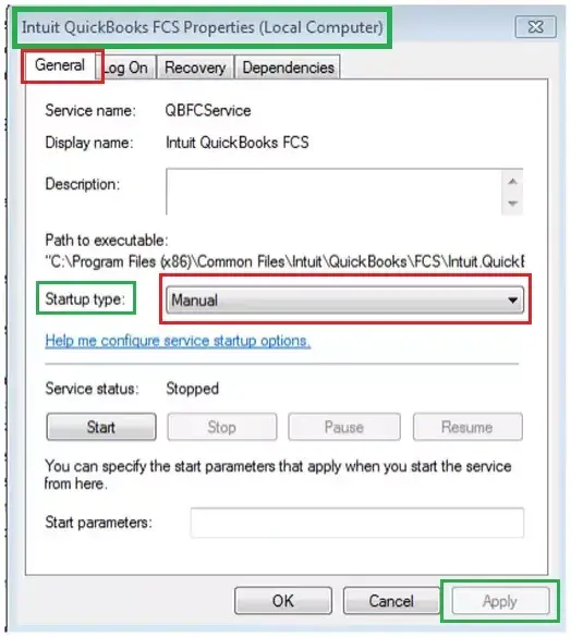Selecting Manual Option in Intuit QuickBooks FCS Properties window - Screenshot
