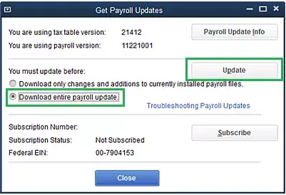 Select Download entire payroll update in get payroll update window then click on update button - Screenshot