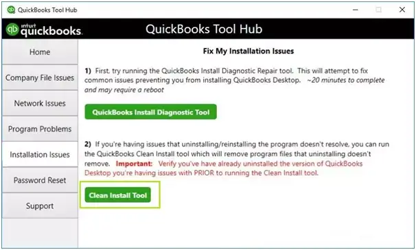 Clean Install Tool option in QuickBooks Tool Hub - Screenshot