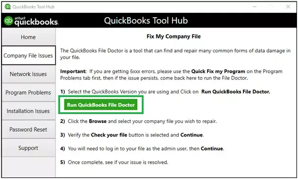 Run the File Doctor Tool option in QuickBooks Tool Hub - Screenshot