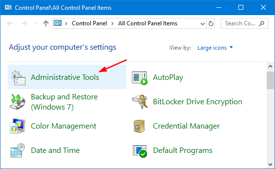 administrative tools option in Control panel - Screenshot